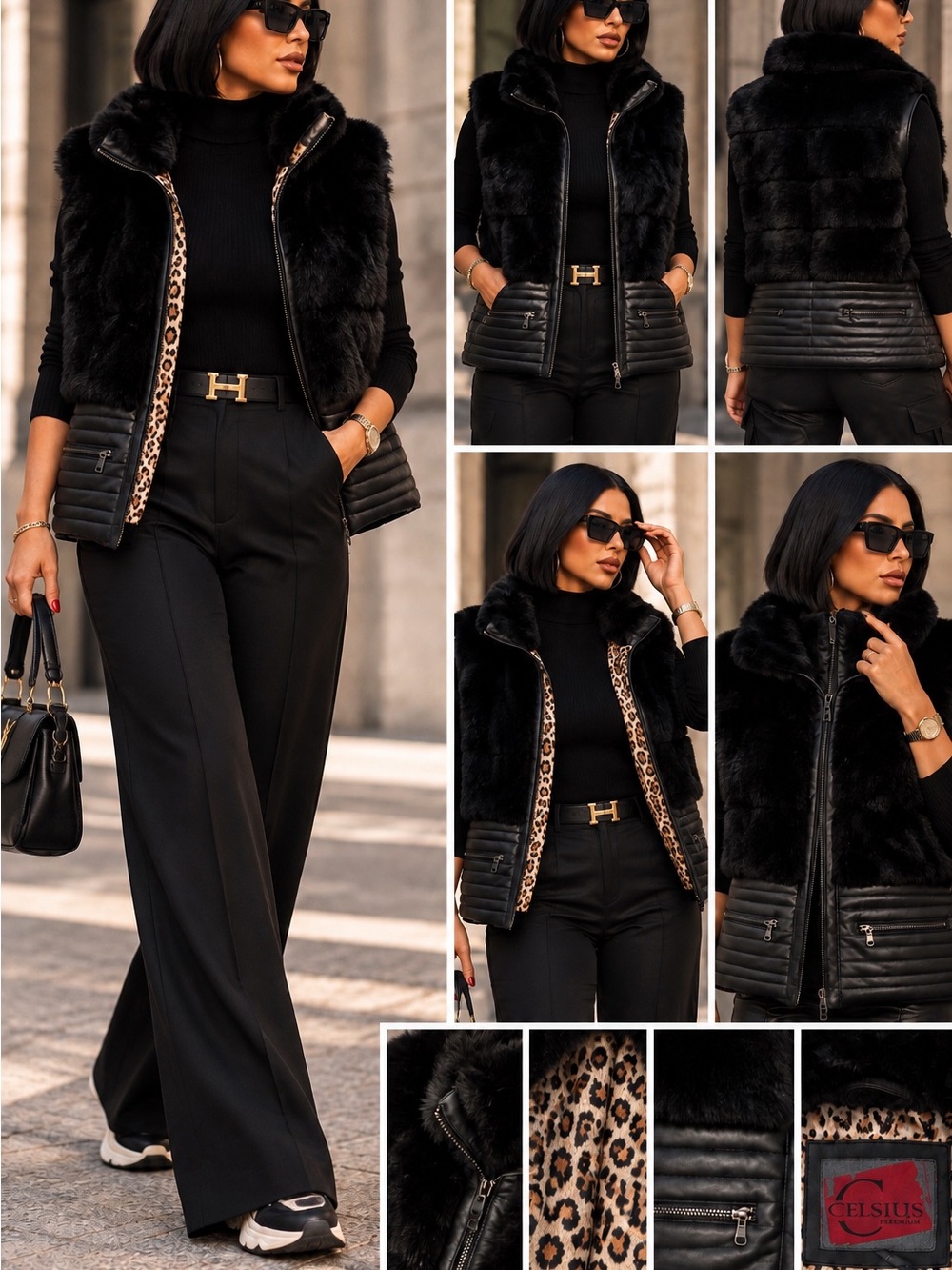 Black Faux Fur Quilted Vest with Leopard Trim